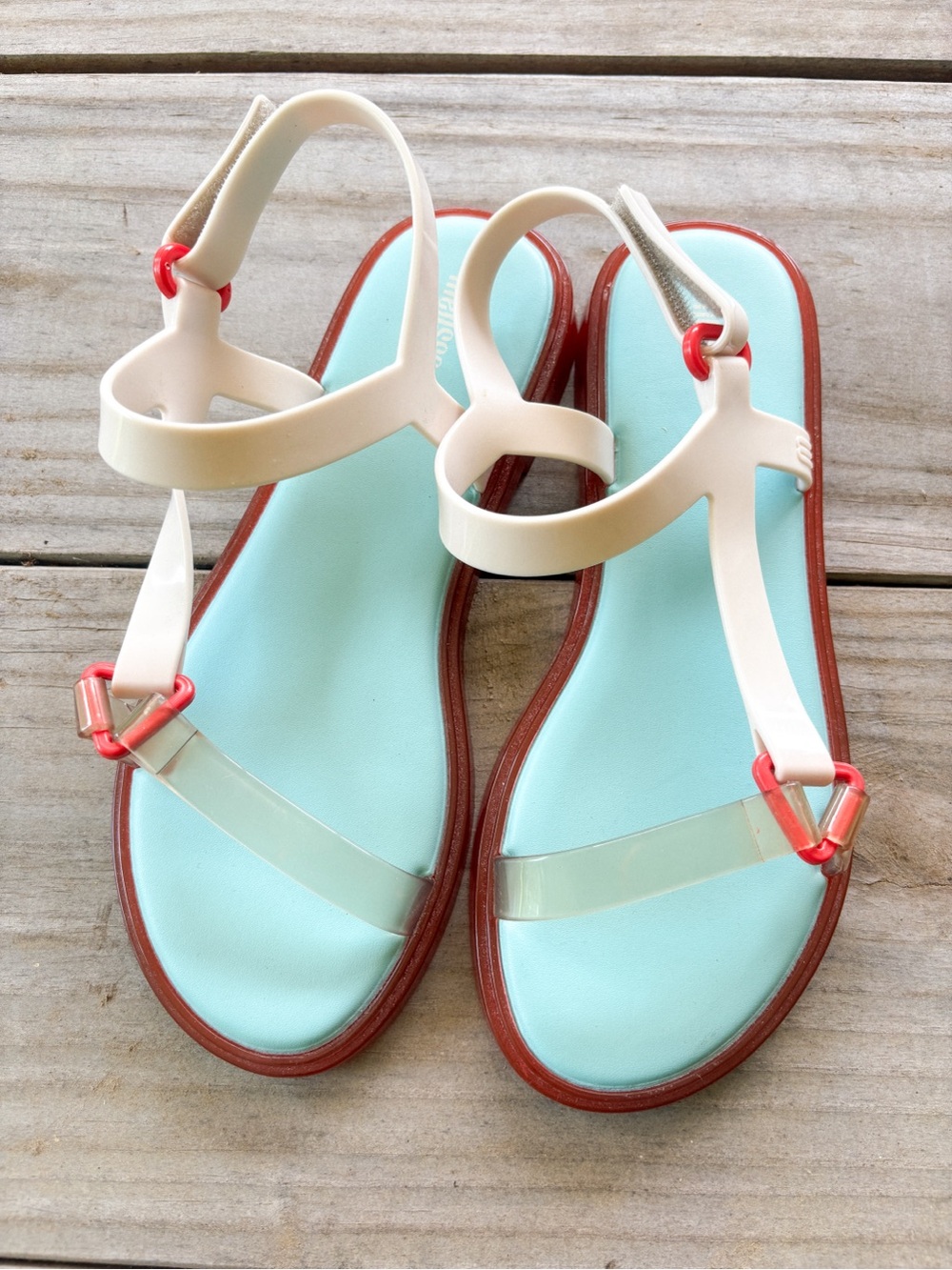 Melissa White and Light Blue Strappy Sandals with Red Brown Sole